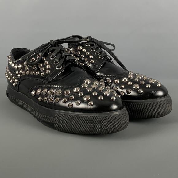 PRADA Size 7.5 Black Leather Studded Lace Up Laces - Picture 1 of 8